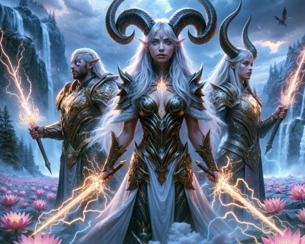 Three Figures in a Mystical Landscape with Lotuses