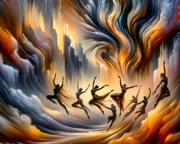 Abstract Scene of Dancing Figures in Vibrant Colors