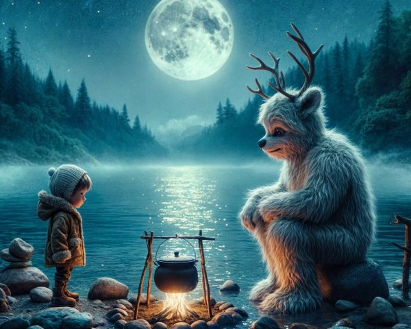 Whimsical lakeside scene with a friendly creature
