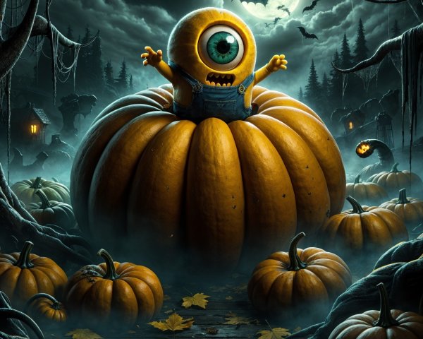 Whimsical Creature on Pumpkin in Spooky Night Scene
