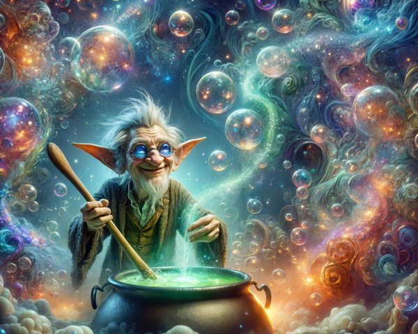 Whimsical Wizard Stirring Cauldron in Cosmic Setting