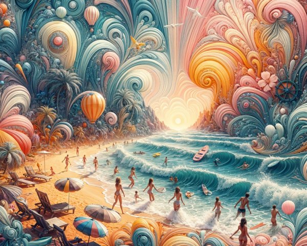 Vibrant Beach Scene with Colorful Waves and Activities