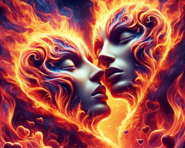 Ethereal Faces Merging in Fiery Passionate Kiss
