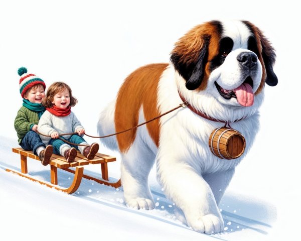 Children Riding Sled Pulled by Saint Bernard in Snow