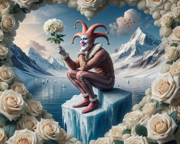 Whimsical Jester on Ice Block with Rose and Mountains