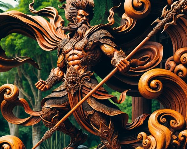 Intricately Carved Wooden Warrior Figure with Armor