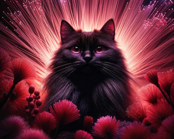 Majestic black cat in vibrant, ethereal floral scene
