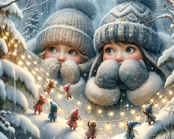 Children in Winter Hats Admire Glowing Fairy Lights