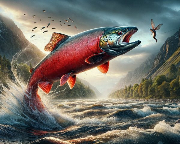 Salmon Leaping in Pristine Wilderness Landscape