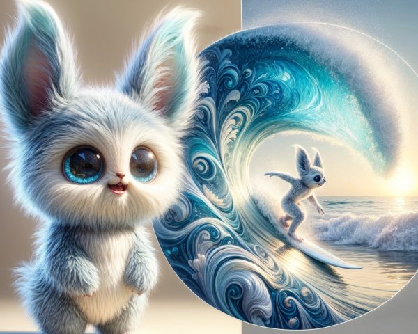 Fluffy Creature Surfing in a Colorful Beach Scene