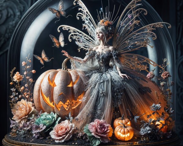 Whimsical Fairy Scene in Glass Dome with Autumn Decor