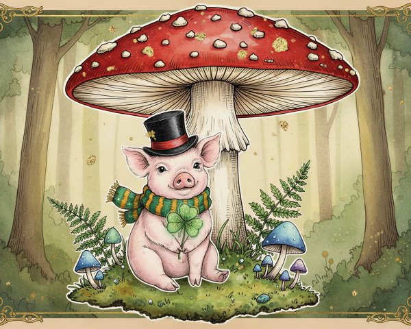 Cartoon Pig in Whimsical Forest with Toadstool