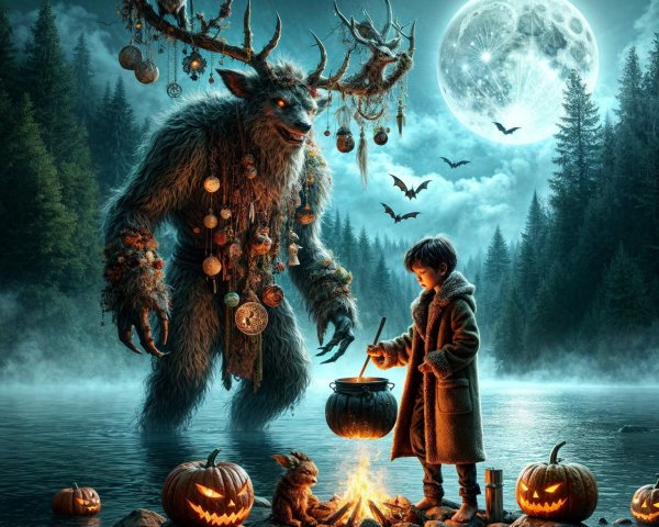 Mystical Forest Scene with Boy and Enchanted Creature