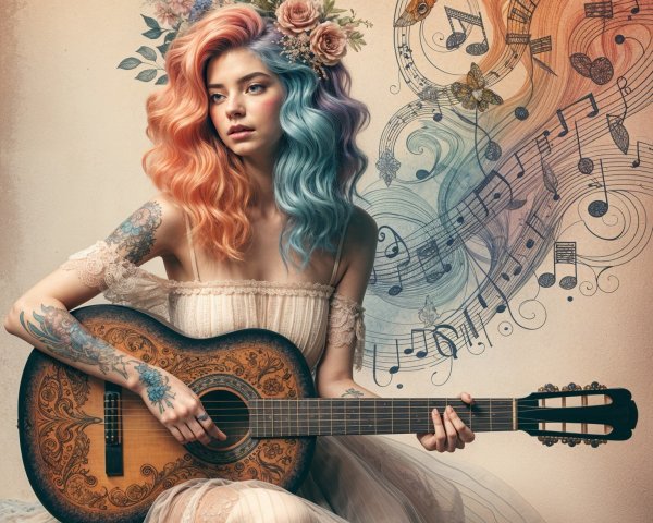 Young woman with colorful hair and ornate guitar