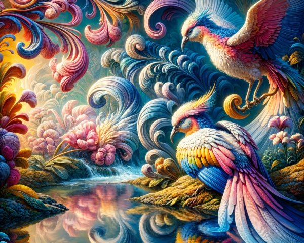 Colorful Birds Above a Tranquil Pond Scene