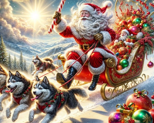 Santa Claus in a decorated sleigh with huskies in snow