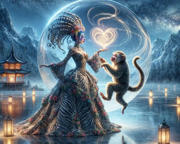 Fantasy Figure in Gown on Icy Surface with Monkey