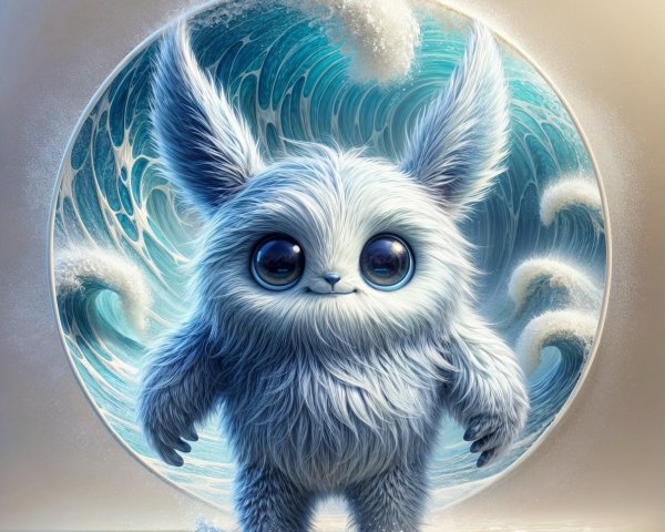 Cute Fluffy Creature Against Swirling Ocean Waves