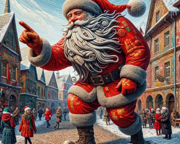 Giant Santa Claus in a Snowy Village Scene