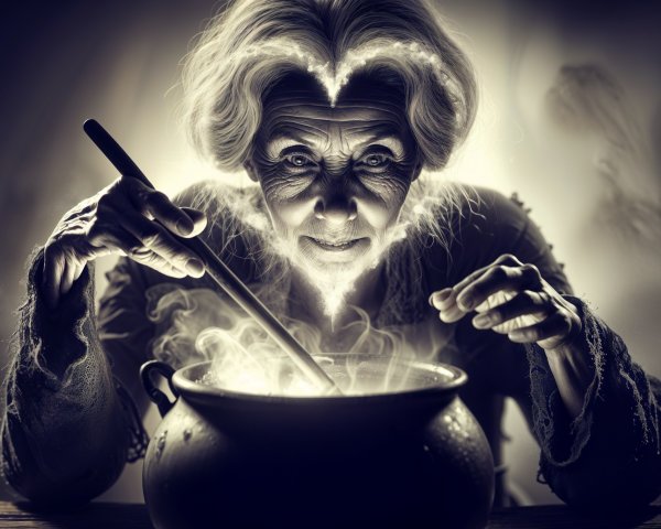 Elderly Woman Brewing Potions in Mystical Cauldron