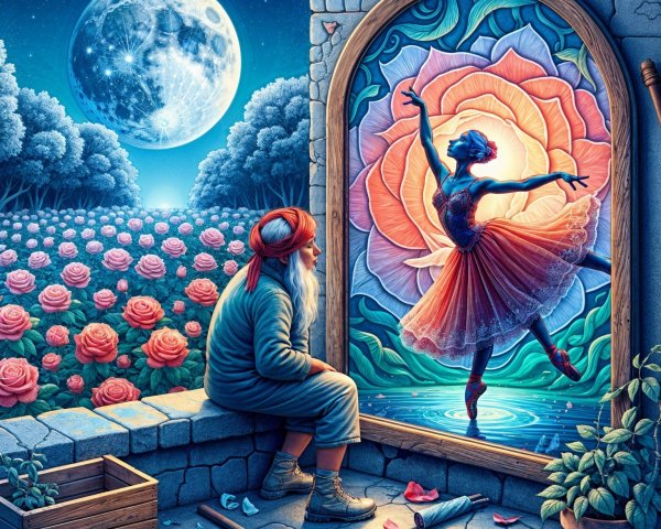 Elderly Man Observes Ballerina in Magical Mirror