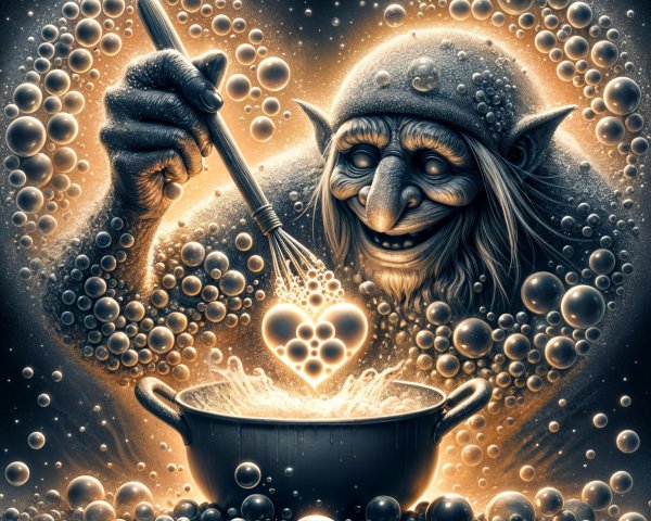 Whimsical Creature Stirring a Bubbling Cauldron