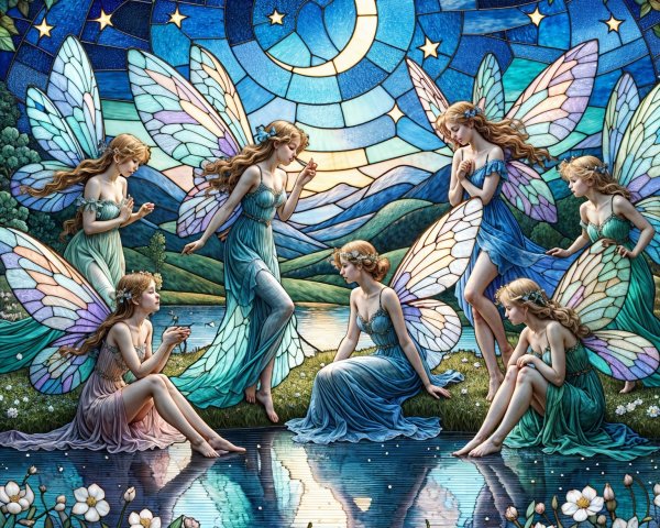 Stained Glass Scene of Fairies by a Moonlit Lake