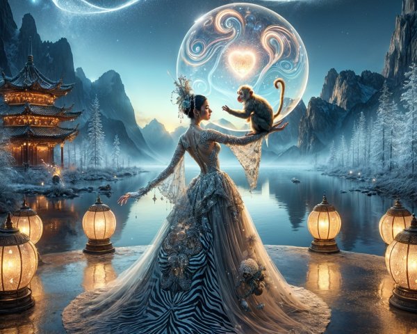 Magical Twilight Landscape with Woman and Monkey Interaction