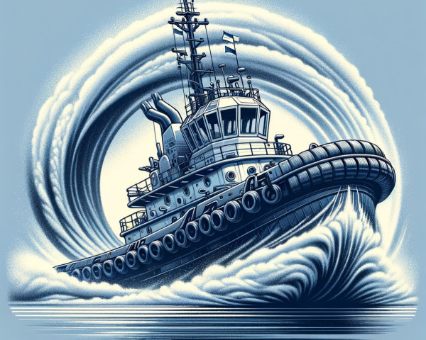 Tugboat Illustration in Turbulent Waves and Colors