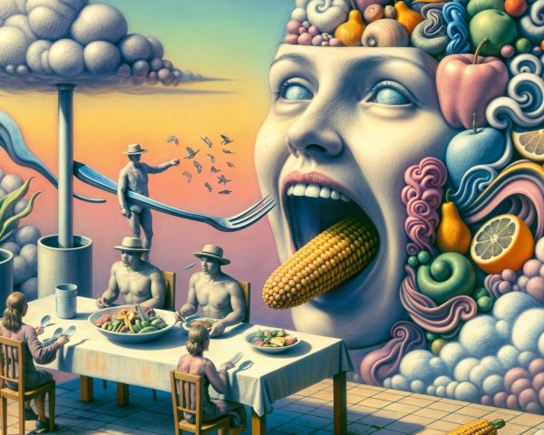 Surreal Dining Scene with Giant Head and Colorful Feast