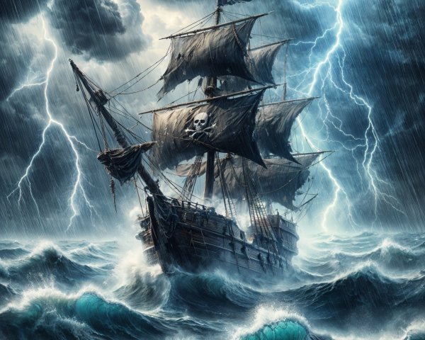 Pirate Ship Battling Stormy Seas and Lightning