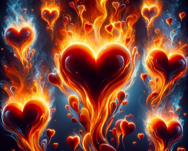 Vibrant Hearts with Fiery Flames on Dark Backdrop