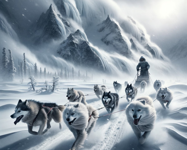 Sled Dogs Navigate Snowy Landscape with Mountains in View