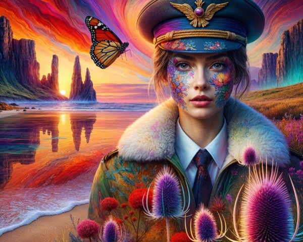 Woman in Military Cap Amidst Vibrant Sunset Landscape