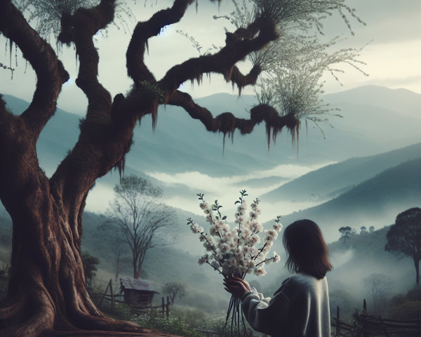 Serene landscape with woman and bouquet in nature
