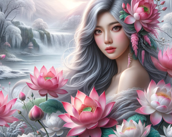 Young Woman with Silver Hair in Tranquil Landscape