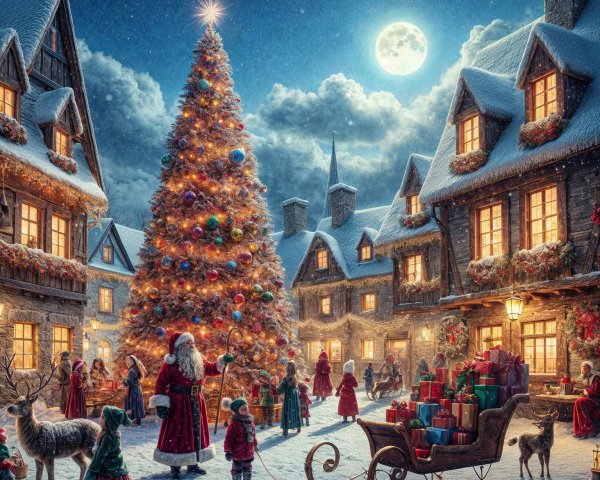 Winter Village Scene with Christmas Tree and Santa