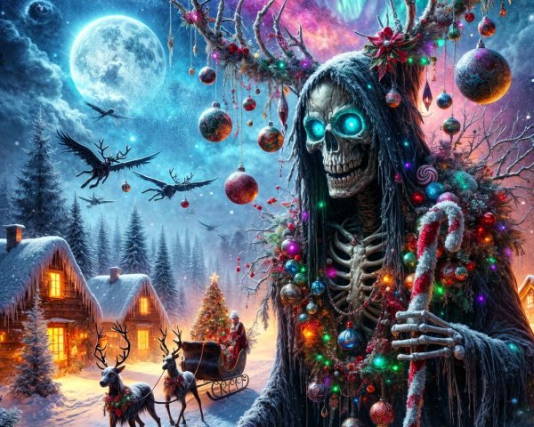 Skeletal Figure in Snowy Landscape with Aurora Borealis