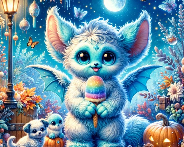 Whimsical Creature in Moonlit Setting with Ice Cream Cone