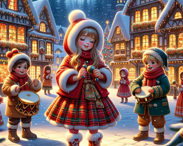 Winter Village Celebration with Children Playing Music
