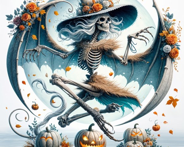 Whimsical Skeleton Witch Surrounded by Autumn Decor