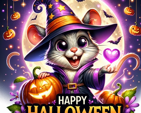 Cartoon Mouse Wizard with Halloween Elements and Moon