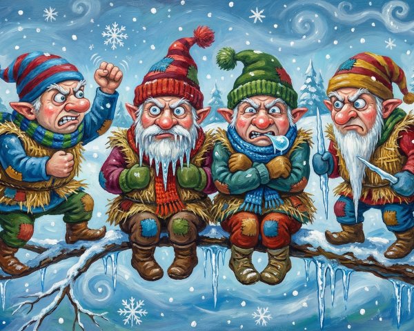 Vibrant Painting of Angry Elves in Winter Scene