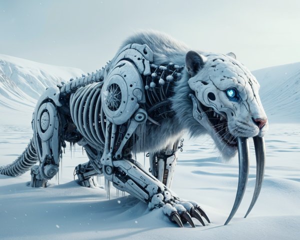 Robotic Saber-Toothed Tiger in Snowy Landscape