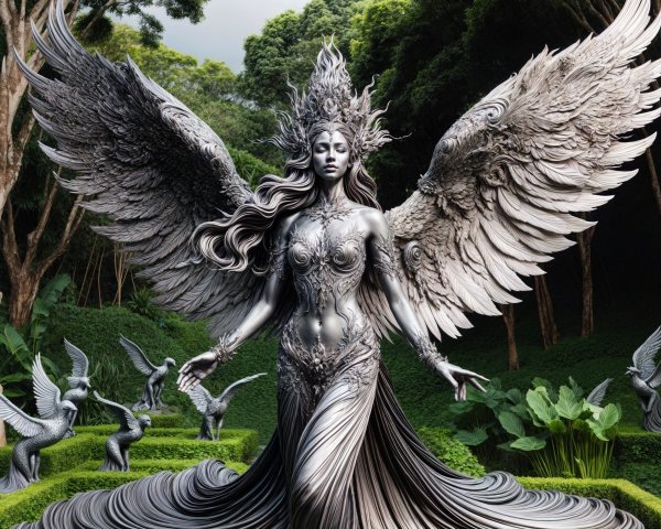 Silver Winged Woman Sculpture in Lush Garden Setting