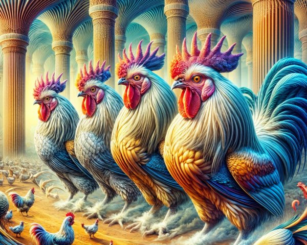 Majestic Roosters in a Grand Ancient Colonnade