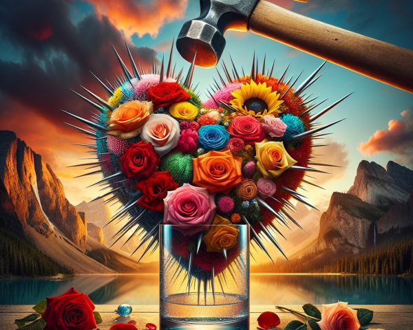 Heart-Shaped Flower Arrangement with Sunset Background