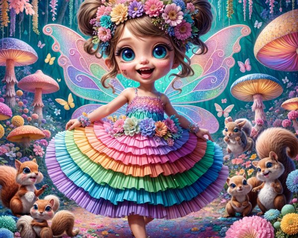 Whimsical fairy girl in a vibrant flower-filled forest