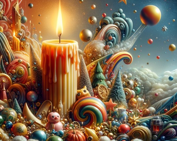 Surreal Landscape with Colorful Candle and Whimsical Elements