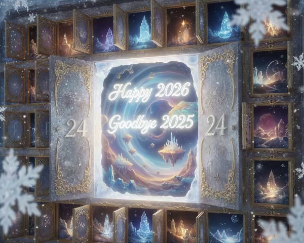 Advent Calendar with Cosmic Scene and Snowy Frame